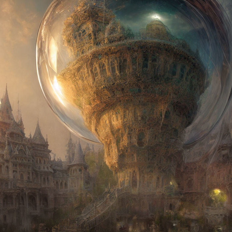 Intricate floating city in bubble above ancient townscape