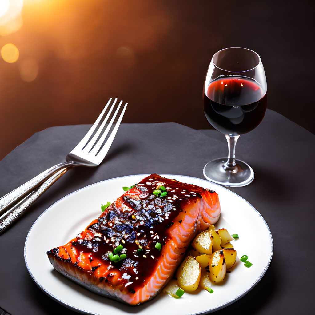 Grilled Salmon with Sesame Glaze, Greens, Potatoes, and Red Wine