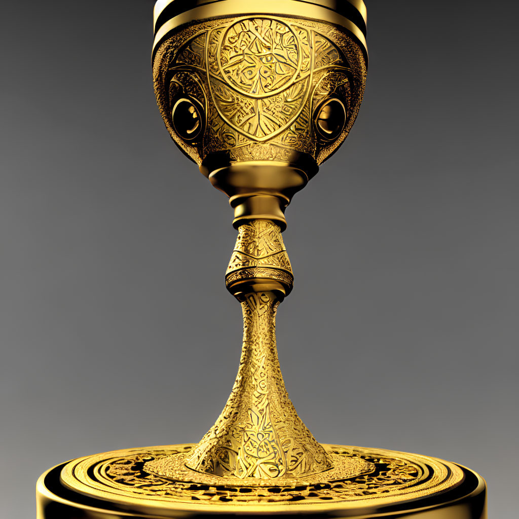 Detailed Golden Trophy with Intricate Patterns and Wide Cup on Decorated Stem