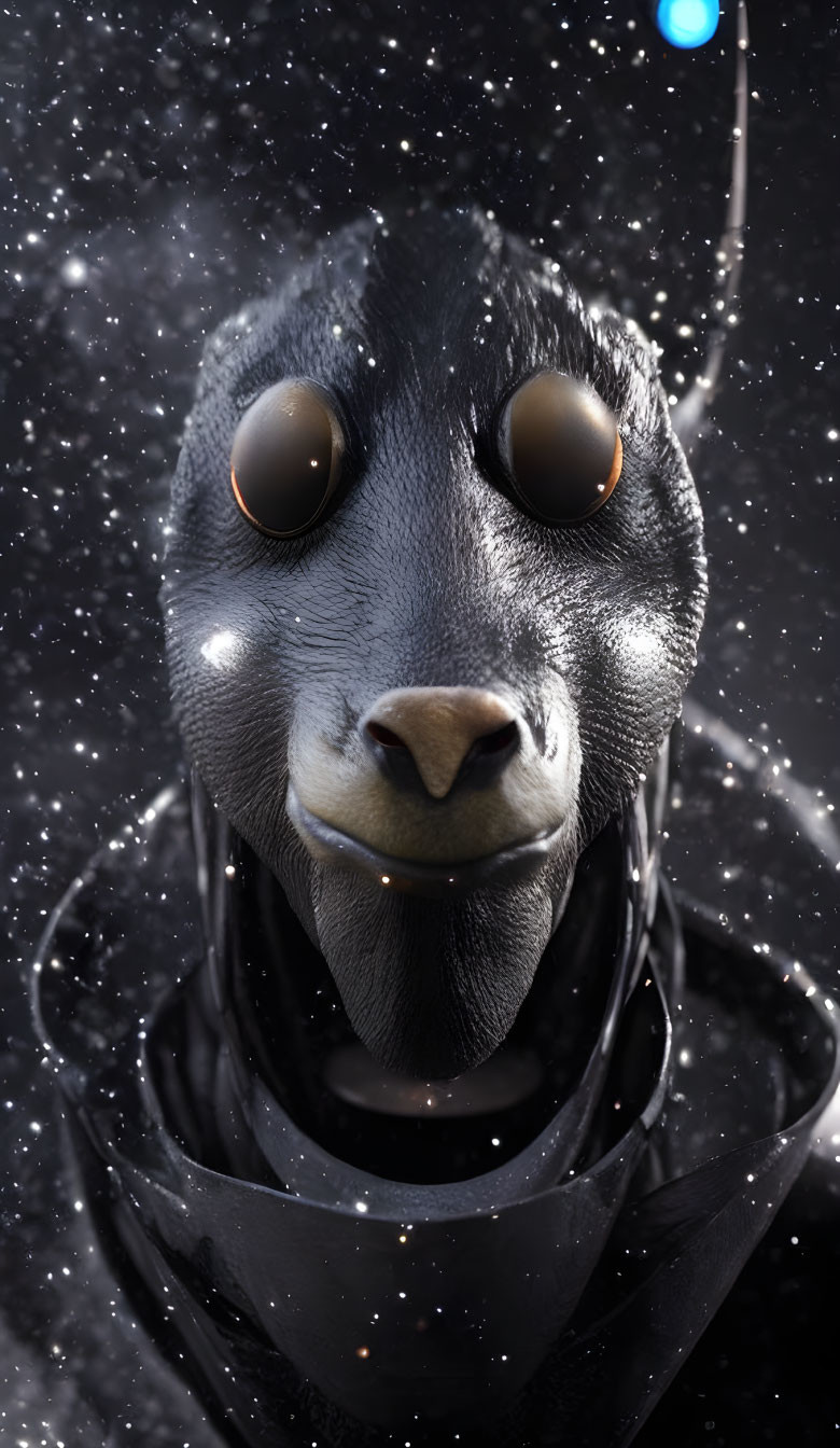 CGI anthropomorphic black sheep in futuristic attire on starry backdrop