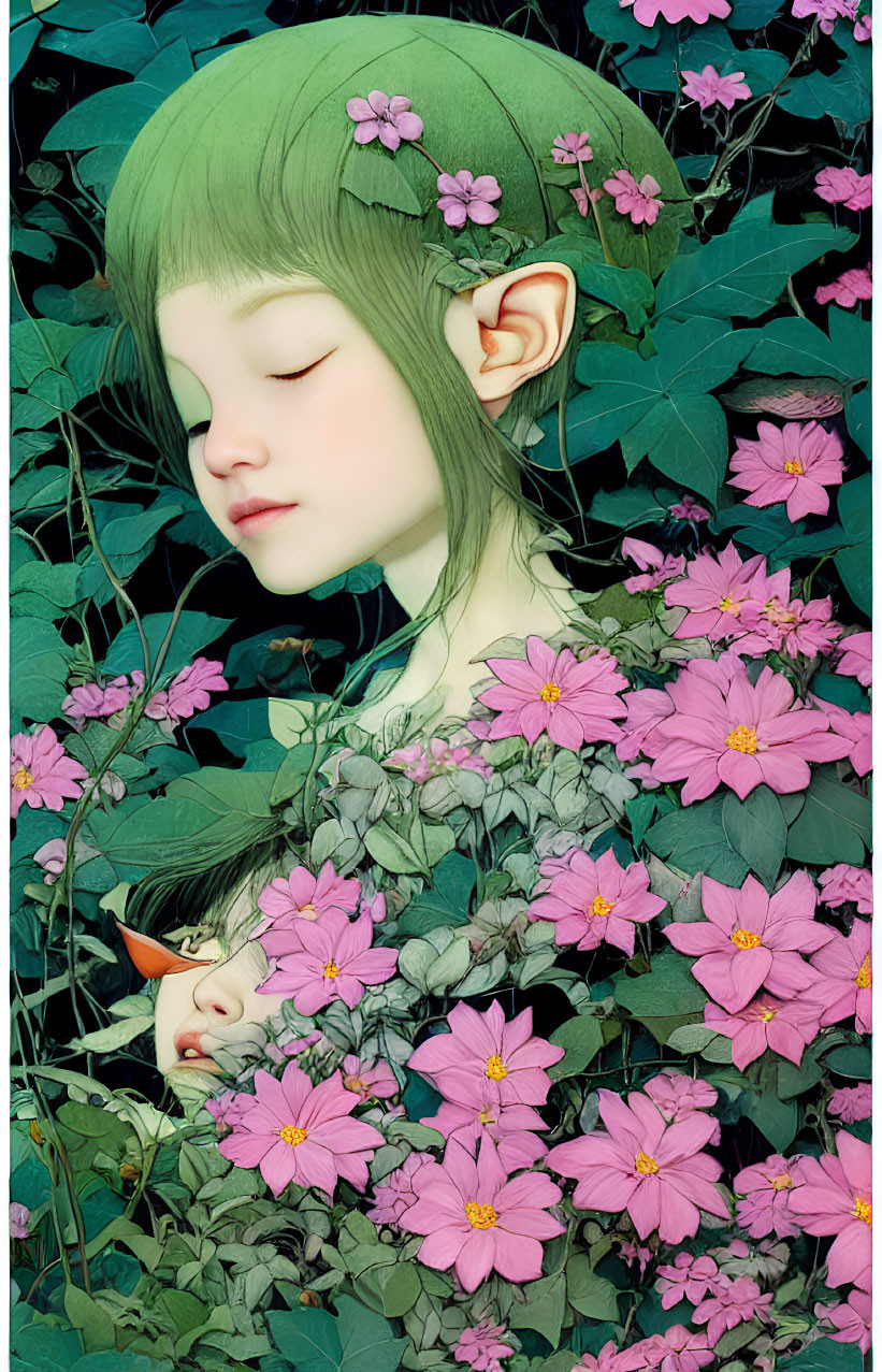 Green-haired elf-eared girl surrounded by lush green leaves and pink flowers