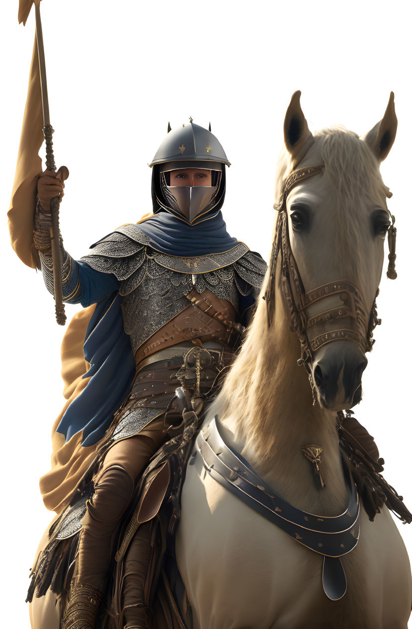 Medieval knight in armor with spear on decorated horse