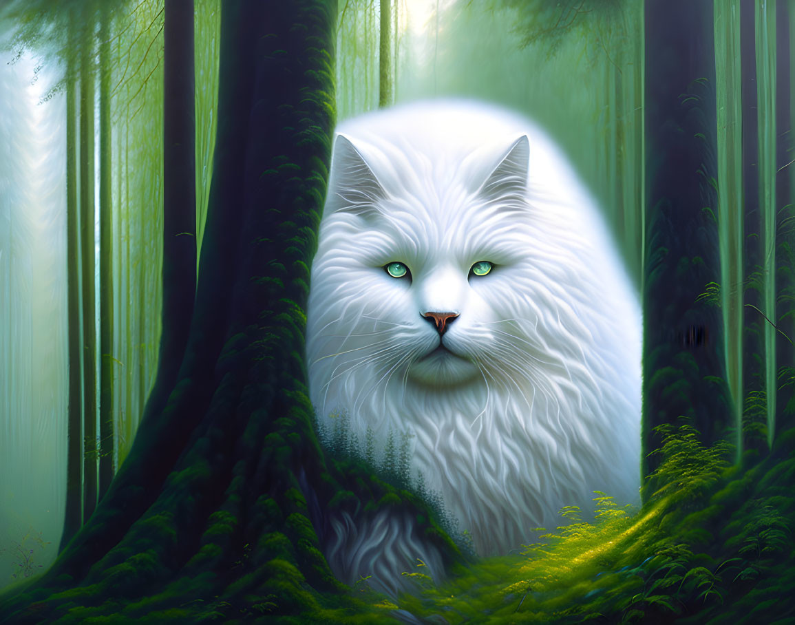 Majestic white cat with green eyes in mystical forest