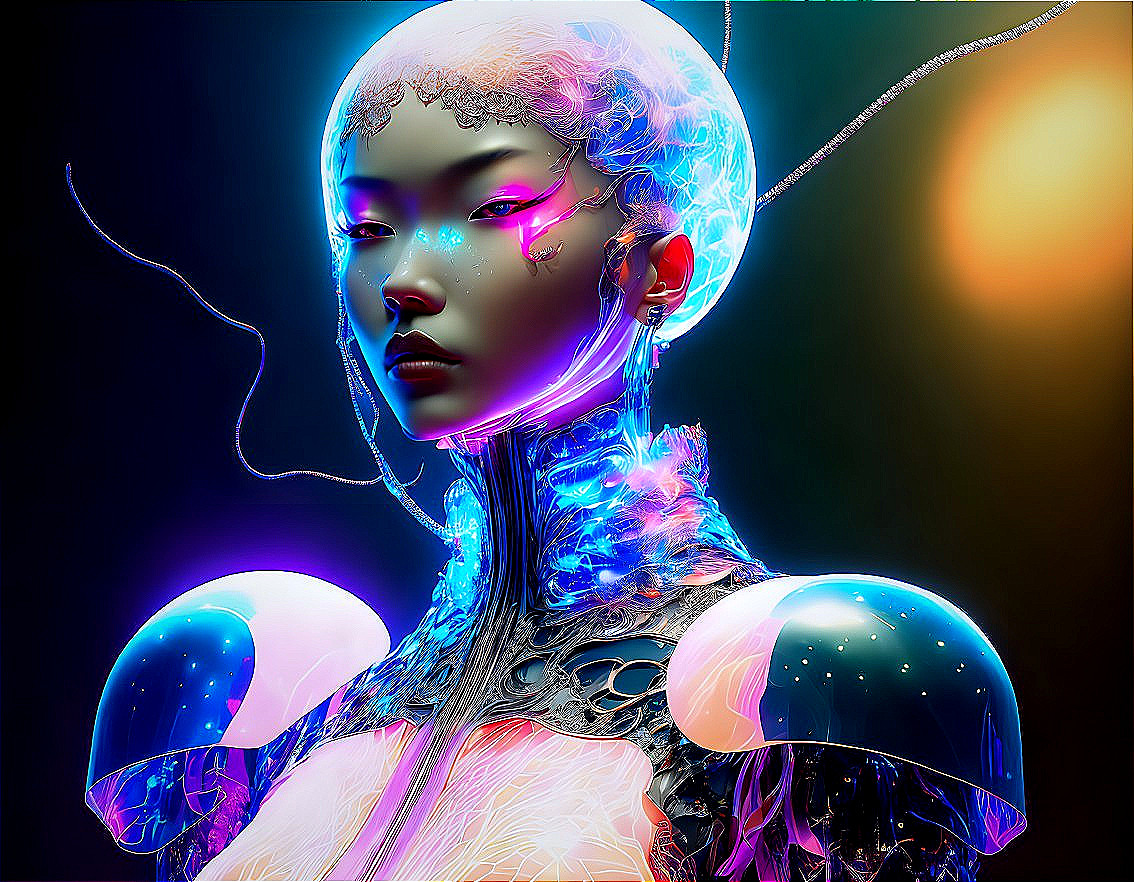 Futuristic digital artwork: Female cyborg with translucent head, glowing blue elements, neon lighting.