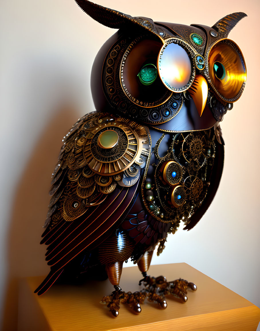 Steampunk-inspired owl sculpture with metallic gears and glowing eyes