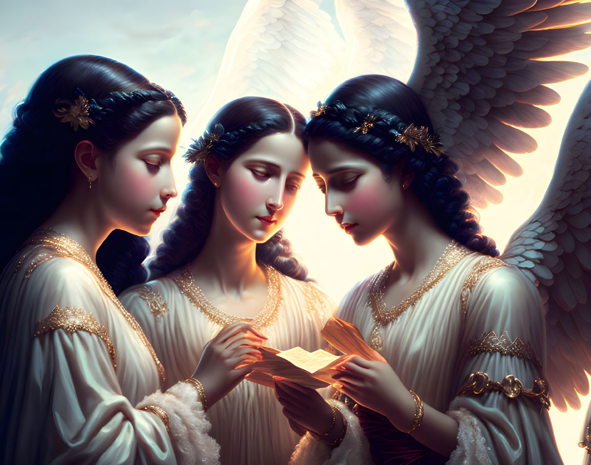 Ethereal women with angelic wings and golden accessories reading parchment