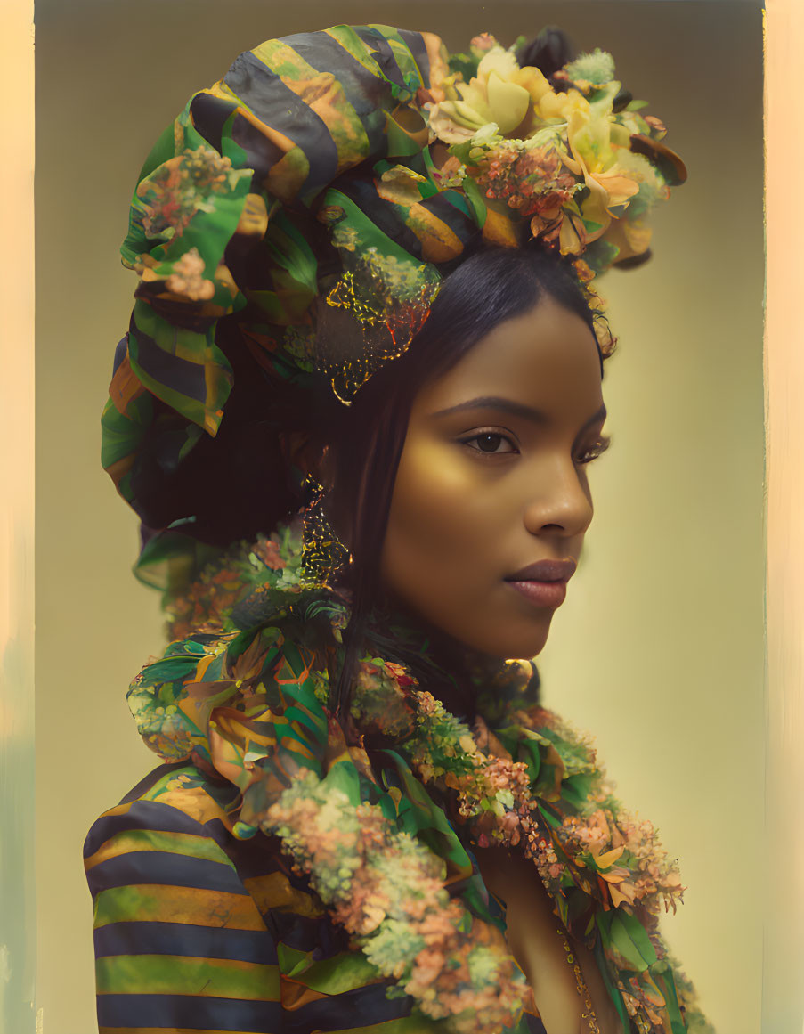 Woman's portrait with floral headpiece and attire on golden backdrop