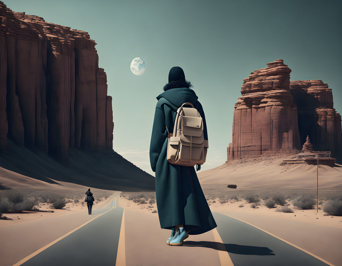 Person in cloak with backpack on desert road flanked by towering rock formations under large moon.