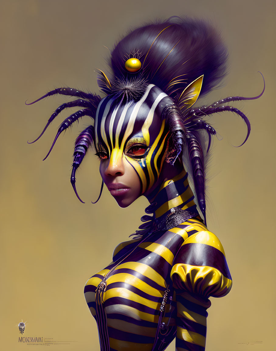 Portrait of humanoid figure with striped body paint, ornate hair, horns, and headpiece.