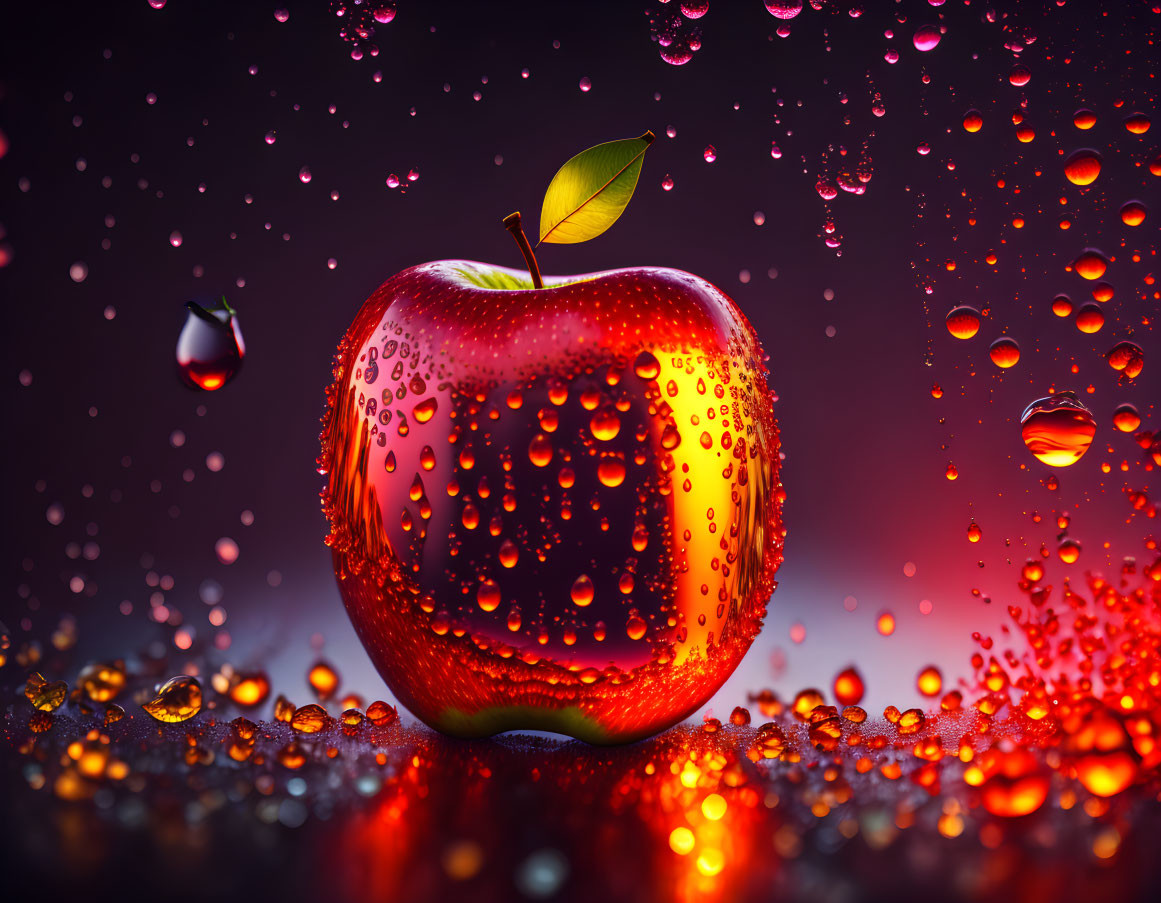 Fresh red apple with water droplets on dark red-purple background