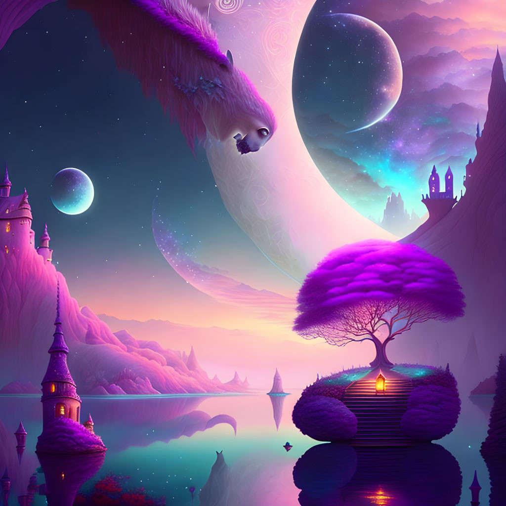 Fantasy landscape with castle, glowing trees, moon, purple skies, magical creature