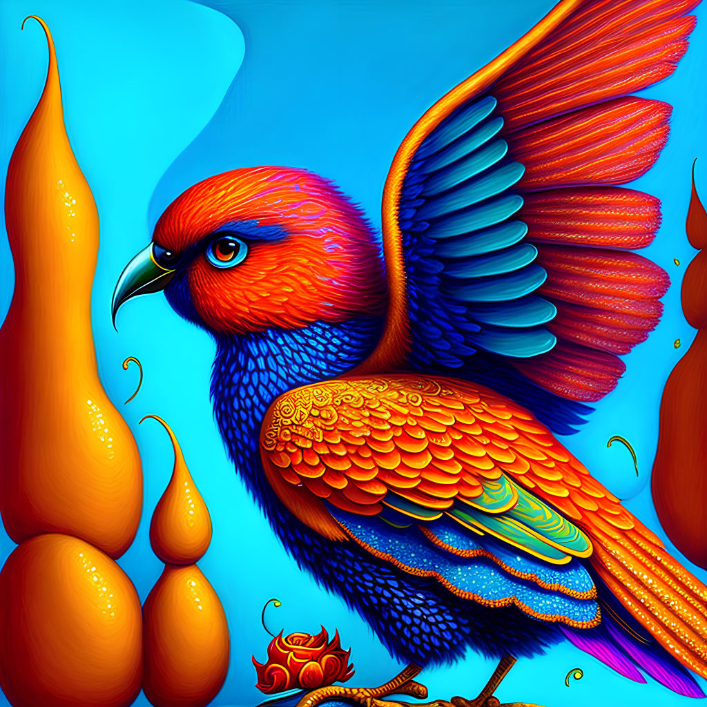 Colorful Bird Illustration with Orange and Blue Feathers on Abstract Golden Shapes Background