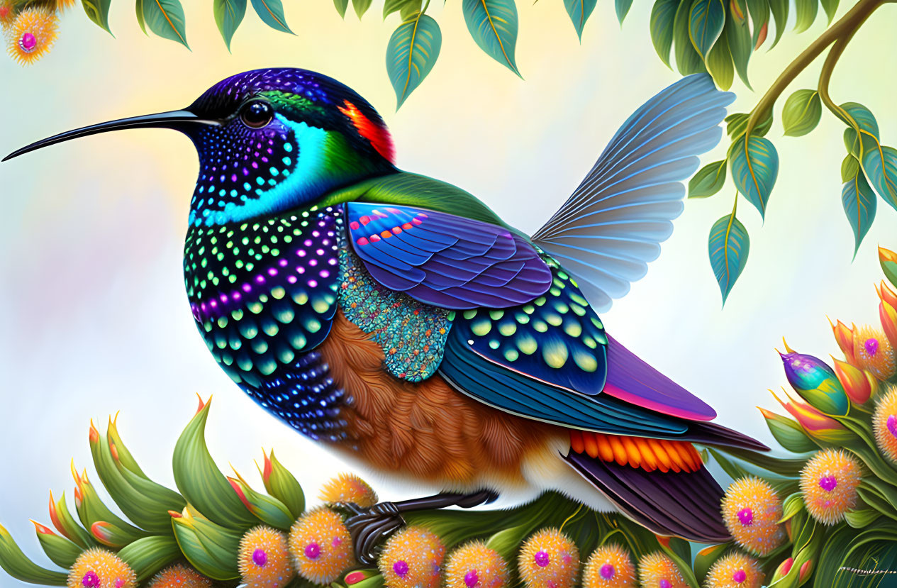 Colorful Bird Illustration with Floral Background