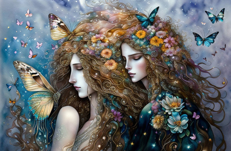 Ethereal women with floral and butterfly motifs on starry backdrop