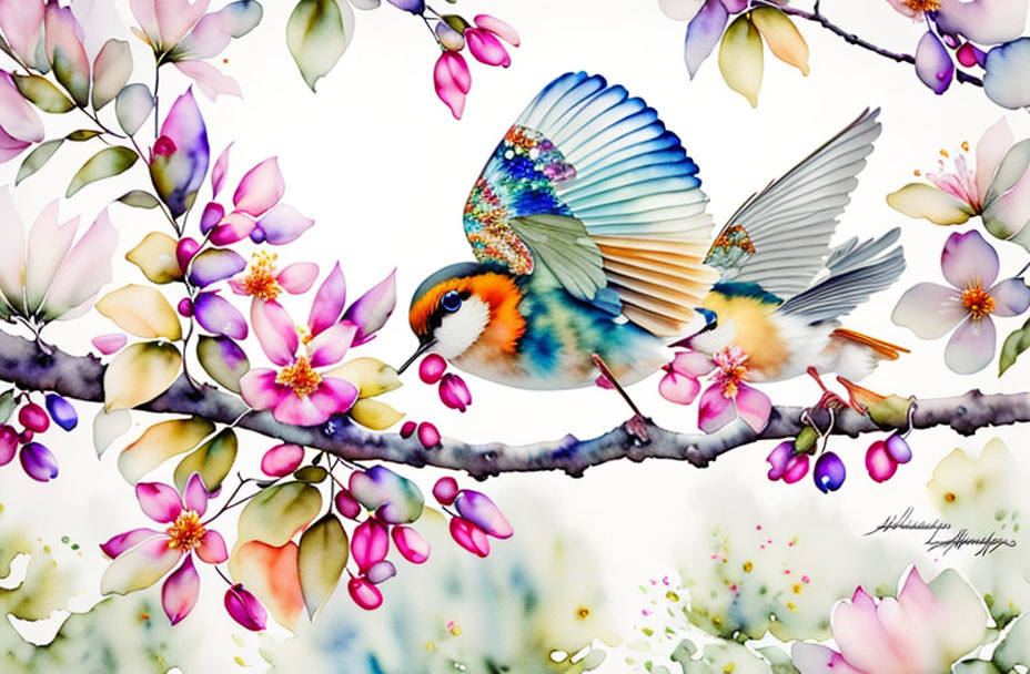 Colorful Bird Perched on Branch Among Pink and Purple Blooms