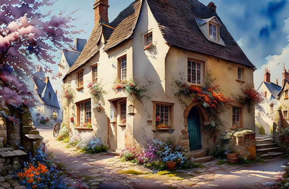 Thatched Roof Cottage Surrounded by Flowers in Cobblestoned Village