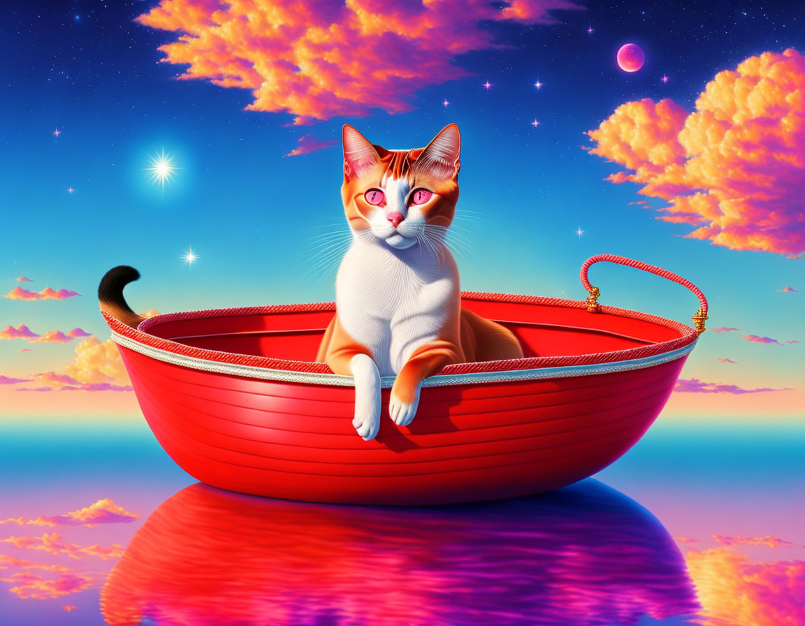 Orange and White Cat with Blue Eyes in Red Boat at Sunset