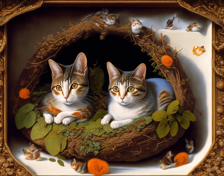 Cats in nest with leaves and kittens, framed like painting