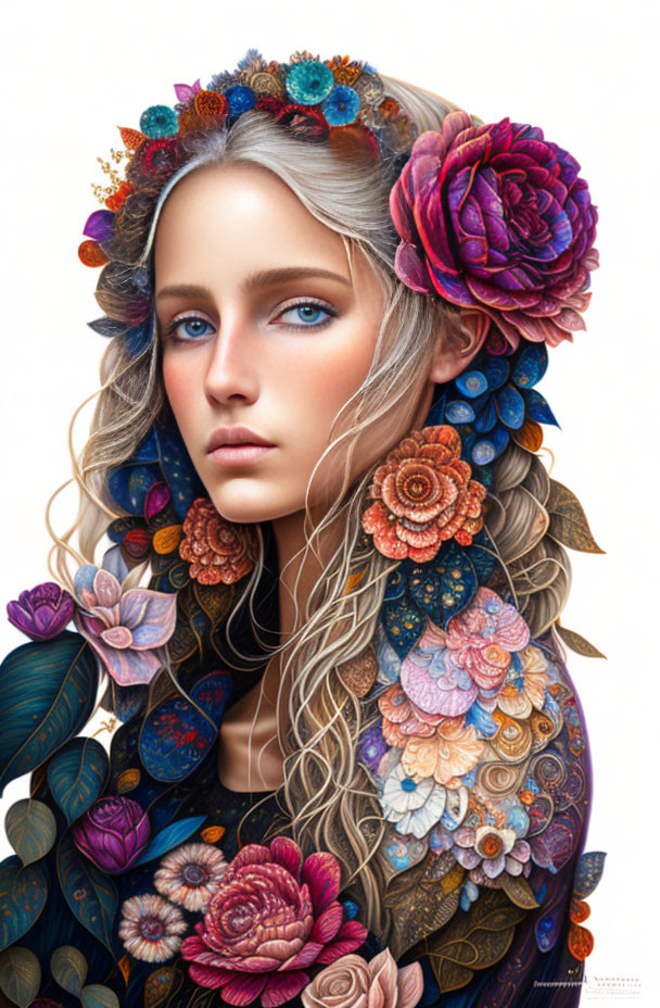 Vibrant digital art portrait of a woman with floral adornments