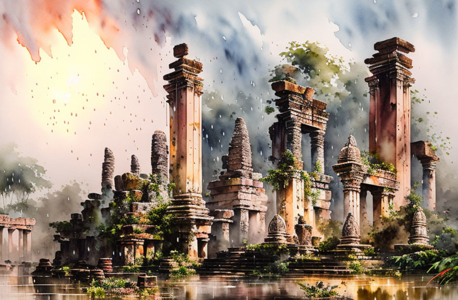 Ancient ruins with tall pillars beside a calm river in dreamy watercolor style