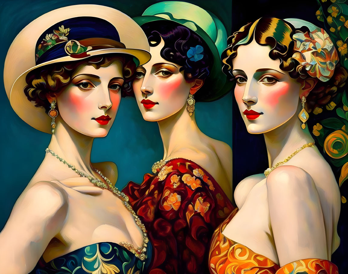 Stylized vintage fashion: Three women in vibrant colors and floral patterns