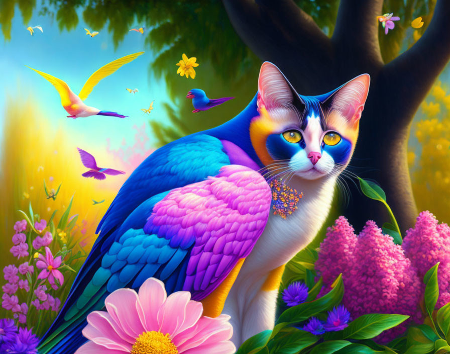 Colorful Cat with Feathered Fur Among Flowers and Birds