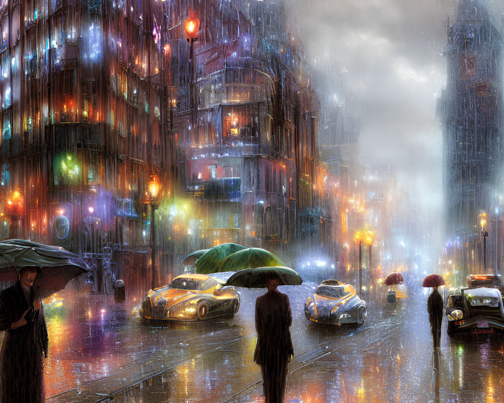 Futuristic city streetscape in rain with neon signs & umbrellas