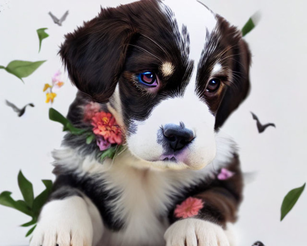 Brown and White Puppy with Floral Fur and Paper Birds on White Background