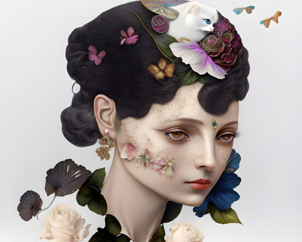 Surrealist portrait of woman with floral and fauna headpiece and white mouse