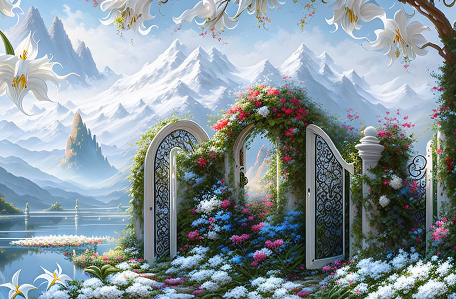 Ornate gate with flowers, lake, swans, snowy mountains