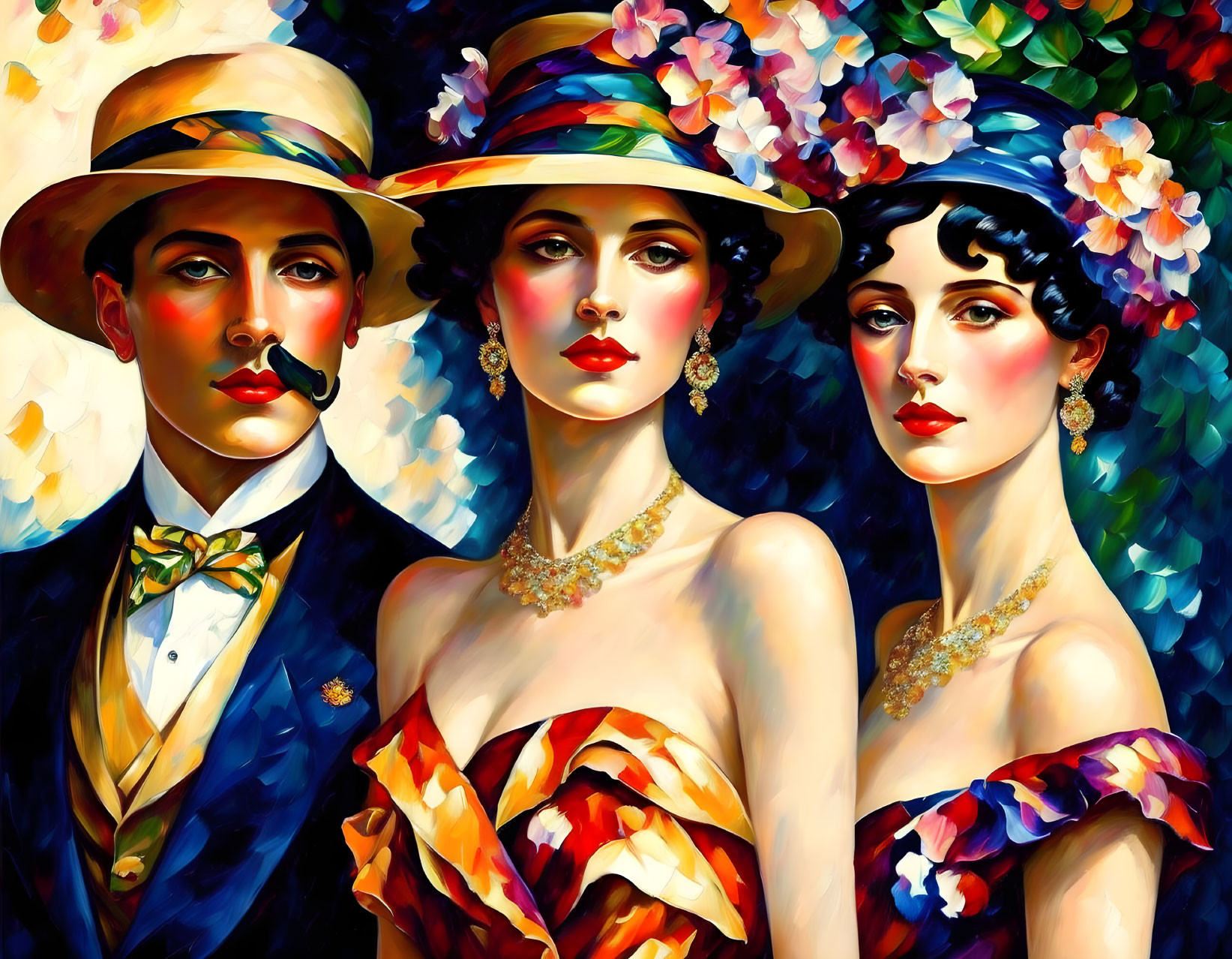 Three individuals in vibrant early 20th-century fashion against colorful background