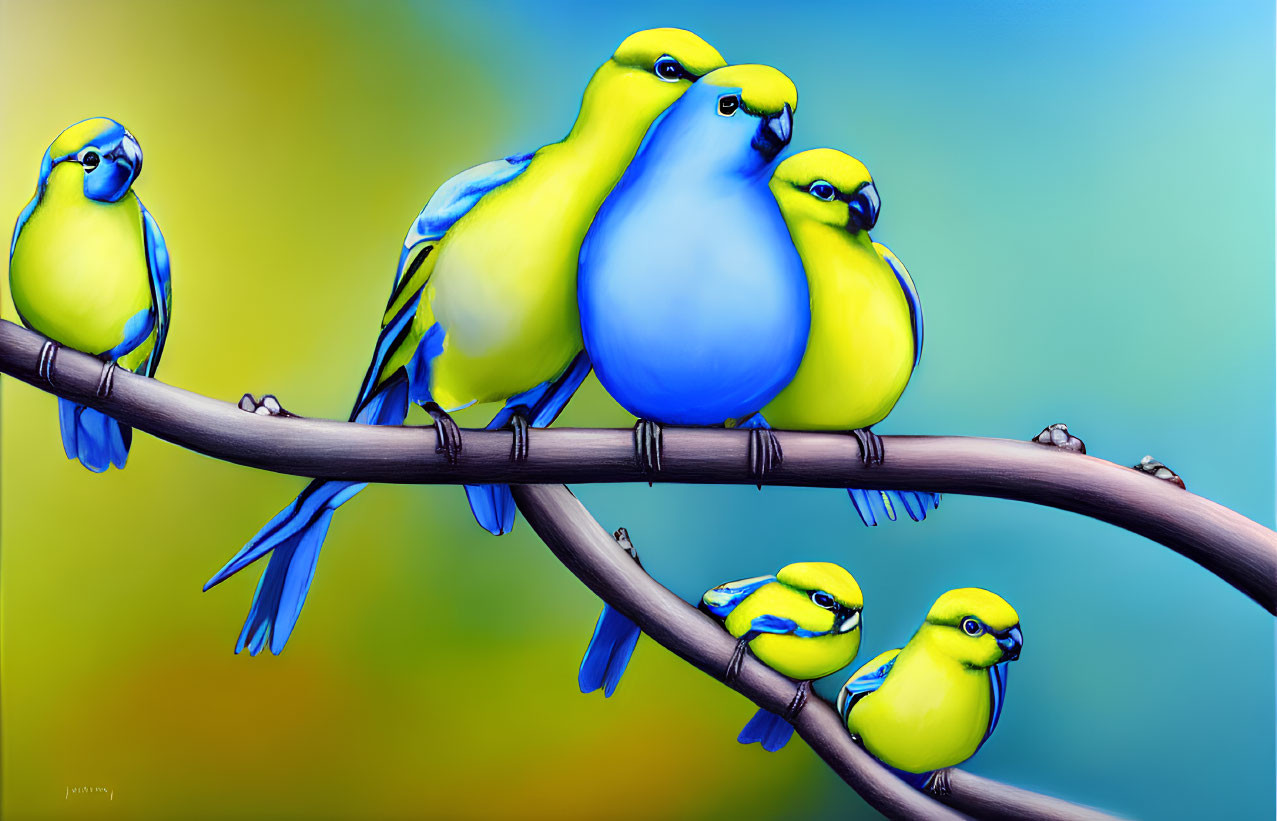 Five stylized blue and yellow birds on branches against blue-green background