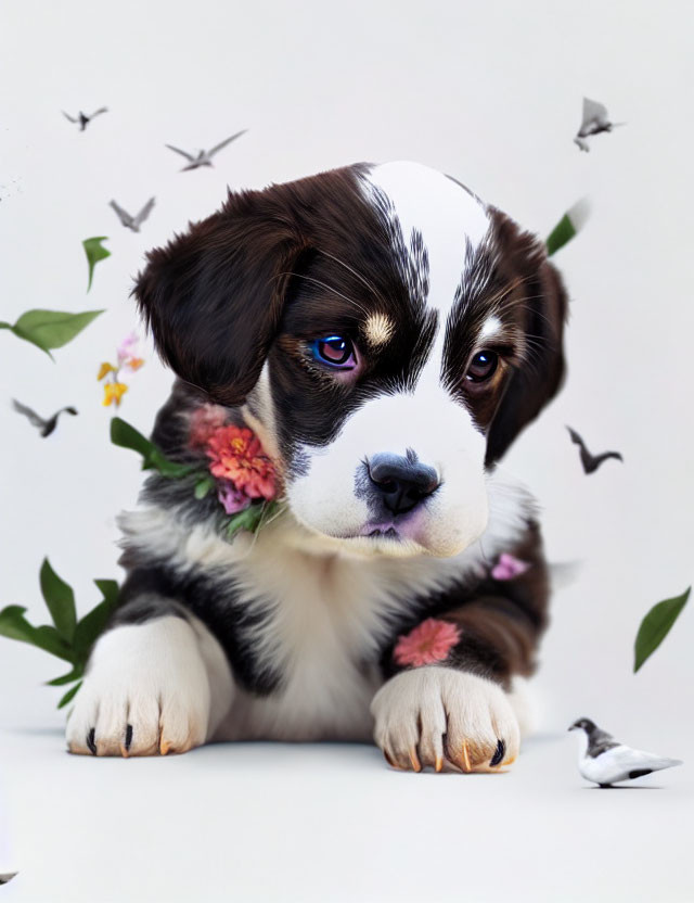 Brown and White Puppy with Floral Fur and Paper Birds on White Background