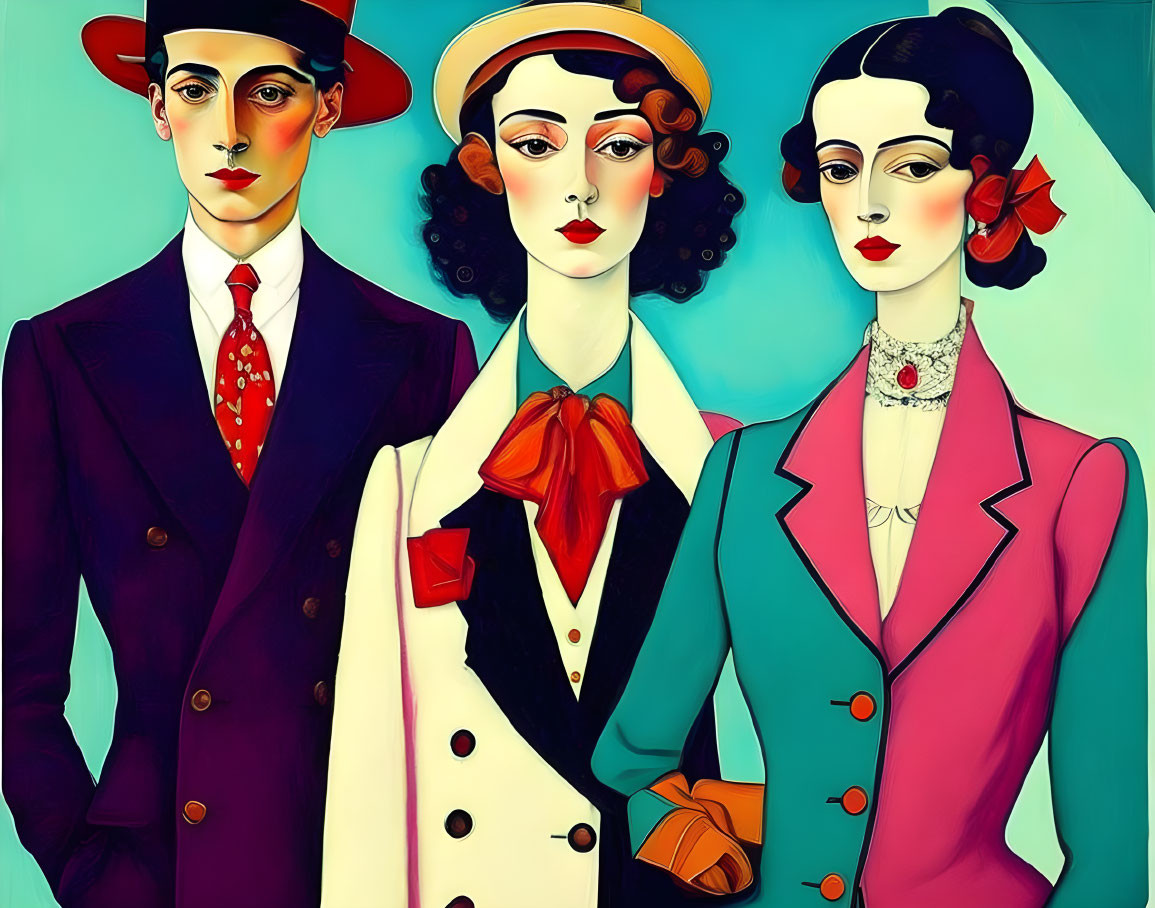 Three people in vintage-style clothing: man in purple suit and red tie, two women - one in