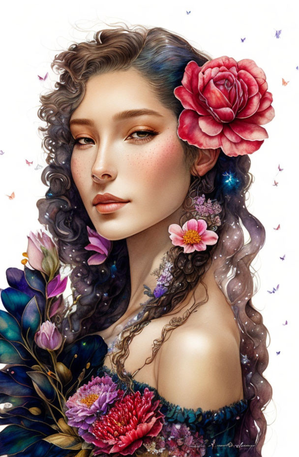 Digital artwork of woman with floral hair, starry tattoo, and butterflies.