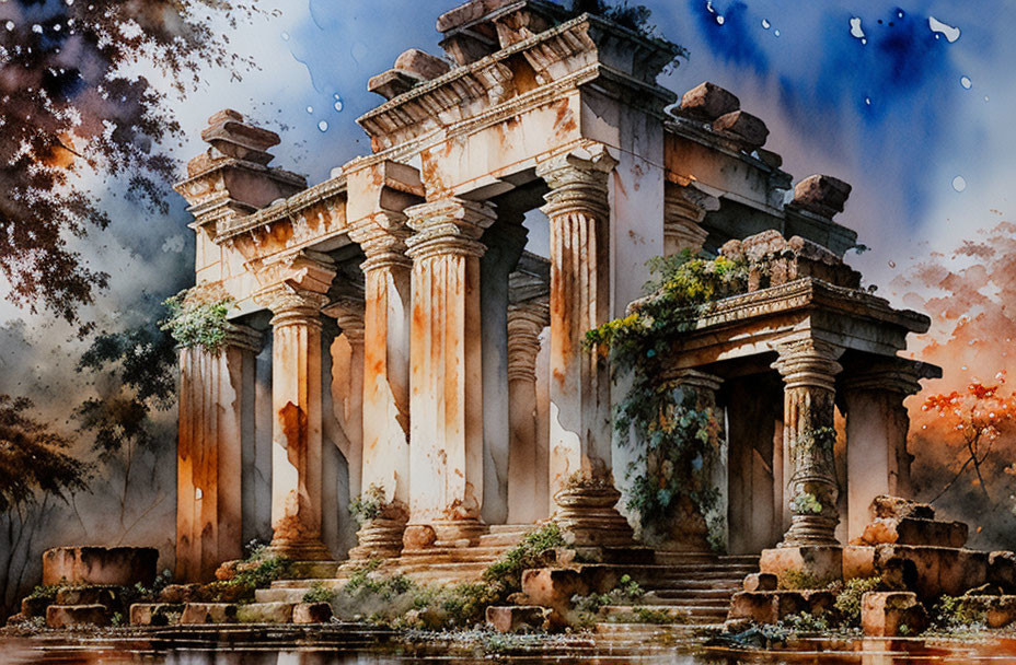 Ancient ruins with columns reflected in water amidst misty trees