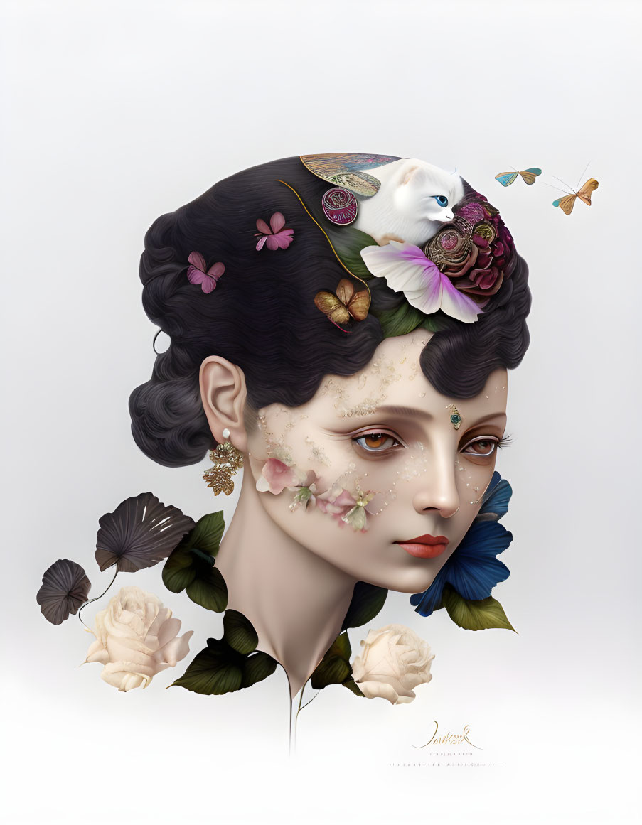 Surrealist portrait of woman with floral and fauna headpiece and white mouse