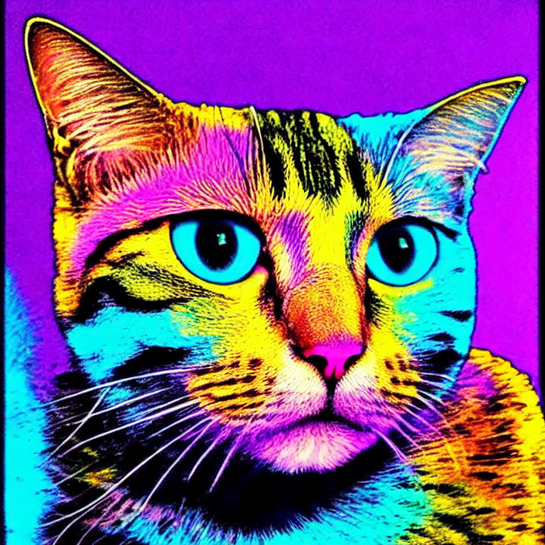 Colorful Psychedelic Cat with Blue Eyes and Multi-Colored Coat