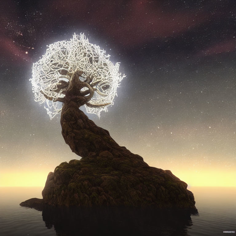 Illuminated tree on rocky outcrop under twilight sky