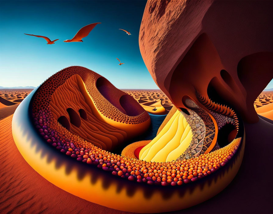 Vibrant desert landscape with snail-shaped formation and flying birds