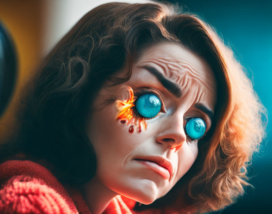 Woman with fiery makeup and cool blue eye color conveying concern