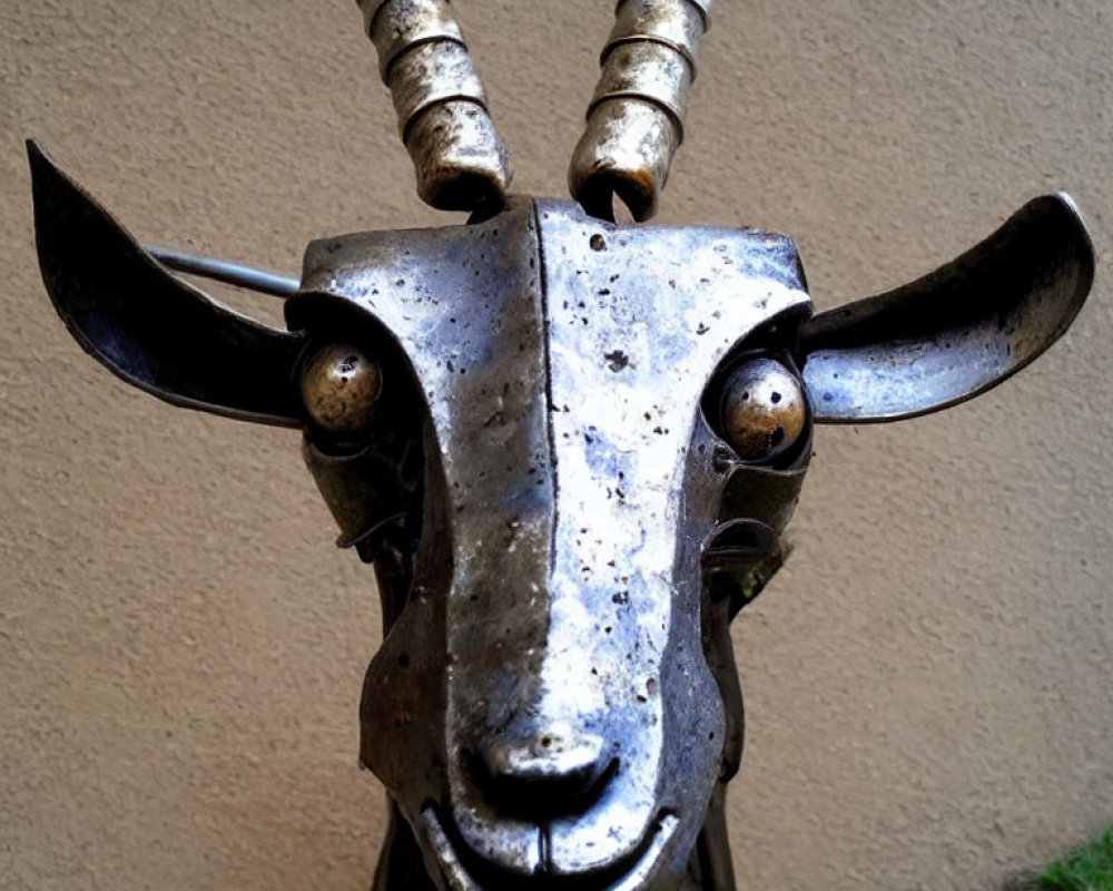 Metal goat head sculpture with spiraled horns and round eyes on beige wall and grass