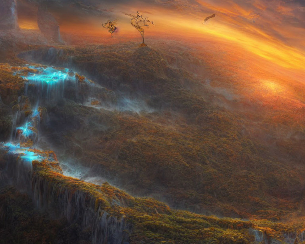 Vibrant orange skies and blue waterfalls in misty landscape