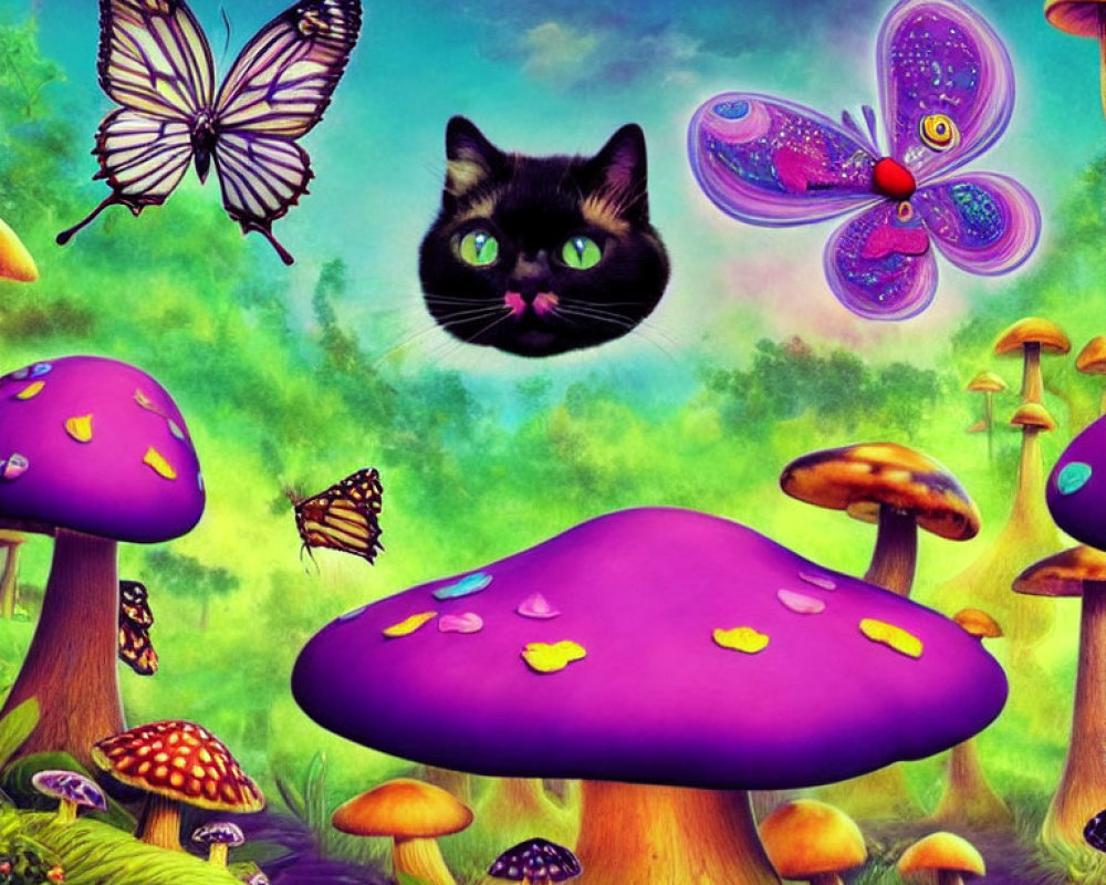 Whimsical digital art: Oversized black cat head, colorful mushrooms, butterflies