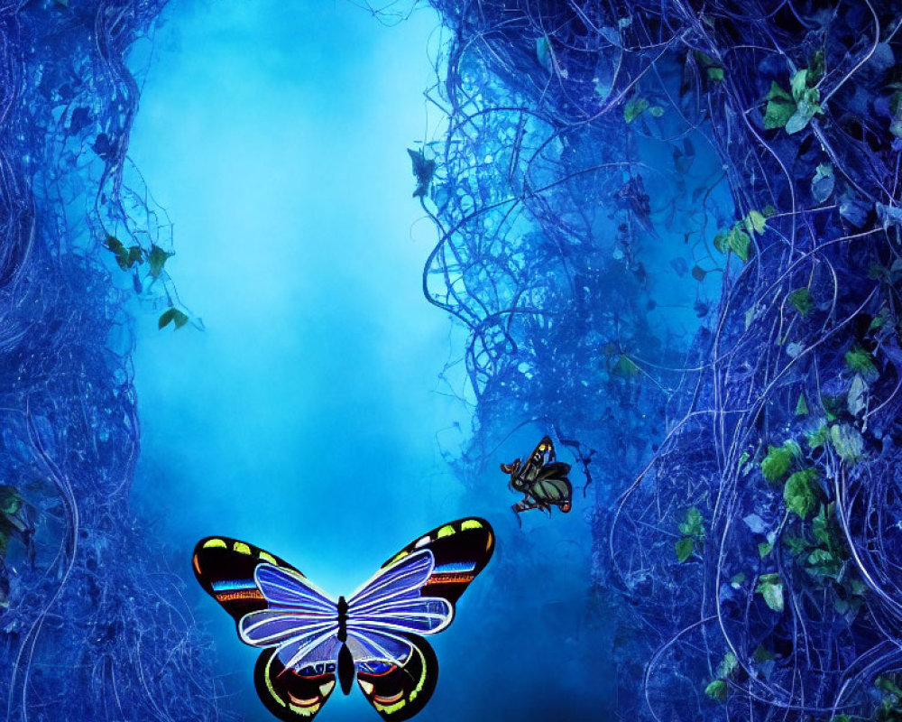 Enchanting forest clearing with vibrant butterflies