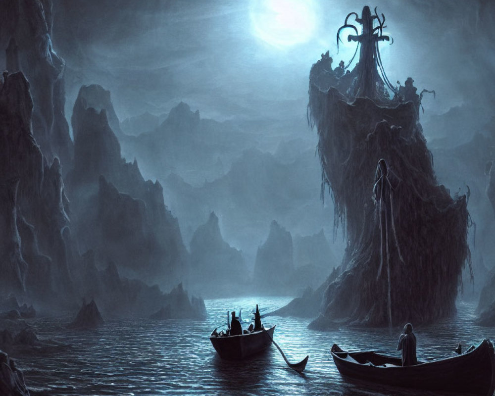 Moonlit seascape with silhouetted figures, boats, rocks, cliff, and menacing sculpture