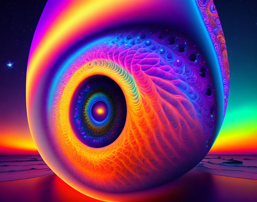 Psychedelic eye-like sphere against sunset sky in digital art