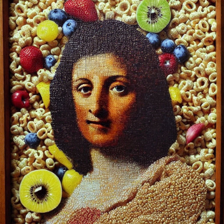 Breakfast items recreate Mona Lisa with pixel art style