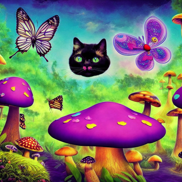 Whimsical digital art: Oversized black cat head, colorful mushrooms, butterflies