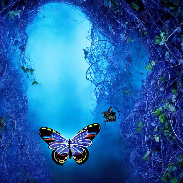 Enchanting forest clearing with vibrant butterflies